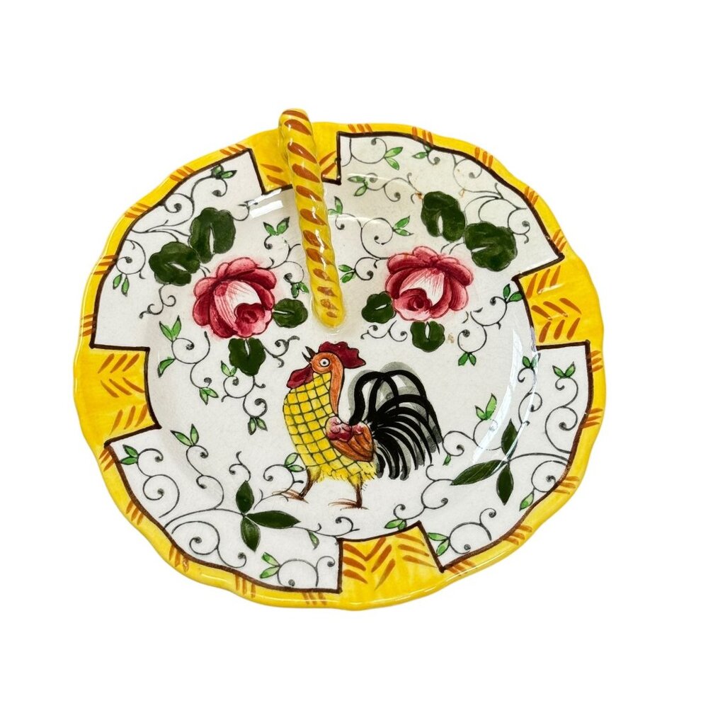 Vintage Ucagco Rooster, Roses Dish Early Provincial Underglaze Decorative Plate - Picture 5 of 14